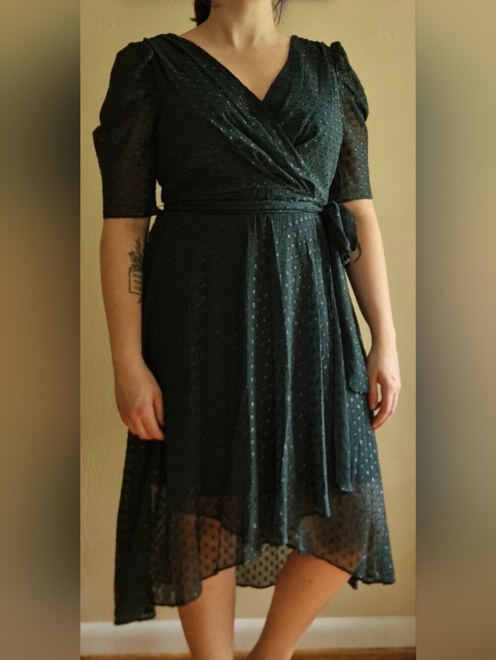 Tommy Hilfiger Dark Green Sparkle Dotted Wrap Midi Dress